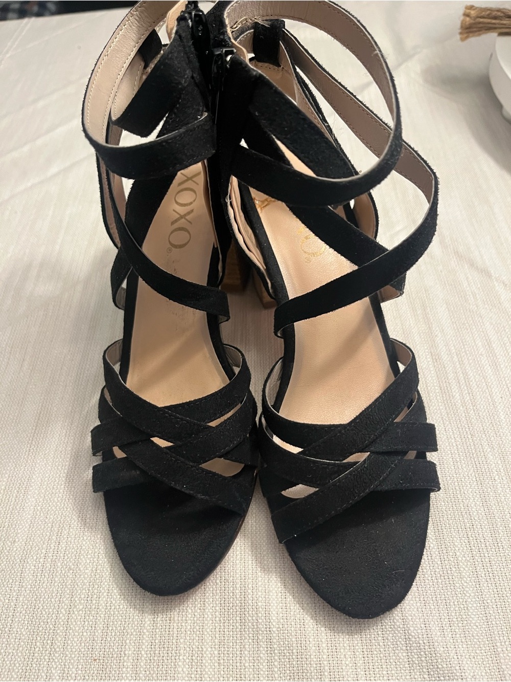 XOXO Black Strappy Block Heel Sandals with Ankle Wrap